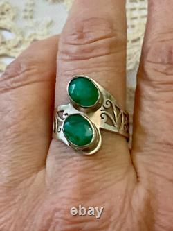 Unique Antique Ring 2 Emeralds Solid Silver Handcrafted Engravings