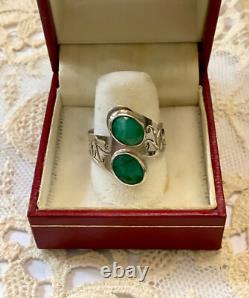 Unique Antique Ring 2 Emeralds Solid Silver Handcrafted Engravings