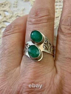Unique Antique Ring 2 Emeralds Solid Silver Handcrafted Engravings