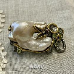 Unique Baroque Pearl, Silver, Gold, Rare Antique Designer Brooch
