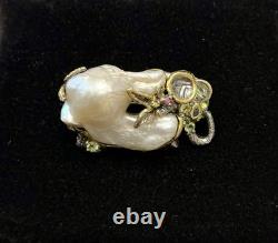 Unique Baroque Pearl, Silver, Gold, Rare Antique Designer Brooch