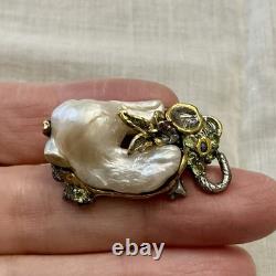 Unique Baroque Pearl, Silver, Gold, Rare Antique Designer Brooch