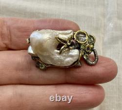Unique Baroque Pearl, Silver, Gold, Rare Antique Designer Brooch
