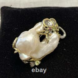 Unique Baroque Pearl, Silver, Gold, Rare Antique Designer Brooch