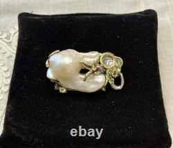 Unique Baroque Pearl, Silver, Gold, Rare Antique Designer Brooch