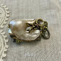 Unique Baroque Pearl, Silver, Gold, Rare Antique Designer Brooch