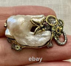 Unique Baroque Pearl, Silver, Gold, Rare Antique Designer Brooch