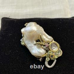 Unique Baroque Pearl, Silver, Gold, Rare Antique Designer Brooch