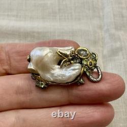 Unique Baroque Pearl, Silver, Gold, Rare Antique Designer Brooch