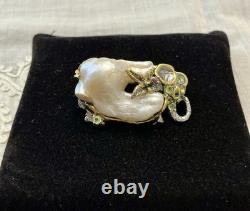 Unique Baroque Pearl, Silver, Gold, Rare Antique Designer Brooch