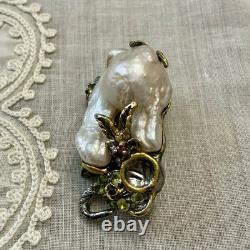 Unique Baroque Pearl, Silver, Gold, Rare Antique Designer Brooch