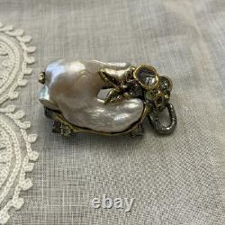 Unique Baroque Pearl, Silver, Gold, Rare Antique Designer Brooch