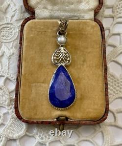 VERITABLE ENORMOUS SAPPHIRE, PEARL, MASSIVE SILVER, BEAUTIFUL ANTIQUE PENDANT