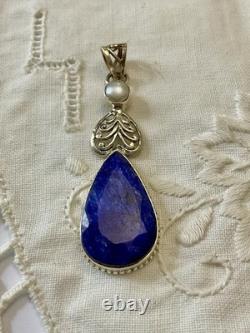VERITABLE ENORMOUS SAPPHIRE, PEARL, MASSIVE SILVER, BEAUTIFUL ANTIQUE PENDANT