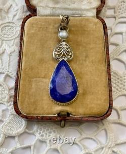 VERITABLE ENORMOUS SAPPHIRE, PEARL, MASSIVE SILVER, BEAUTIFUL ANTIQUE PENDANT