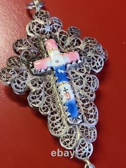 Very Beautiful Antique Solid Silver Filigree Enamel Cross