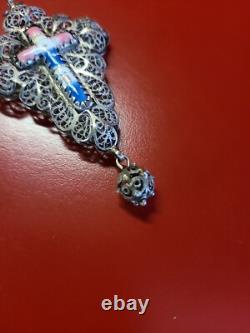 Very Beautiful Antique Solid Silver Filigree Enamel Cross