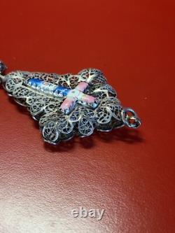 Very Beautiful Antique Solid Silver Filigree Enamel Cross