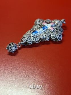 Very Beautiful Antique Solid Silver Filigree Enamel Cross
