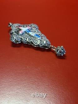 Very Beautiful Antique Solid Silver Filigree Enamel Cross