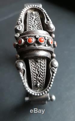 Very Beautiful Ethnic Bracelet Old Solid Silver And Coral, Punch Boar