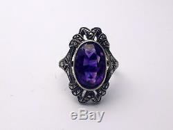 Very Beautiful Old Amethyst And Marcasite Antique Ring Art Deco T51