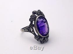 Very Beautiful Old Amethyst And Marcasite Antique Ring Art Deco T51