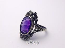 Very Beautiful Old Amethyst And Marcasite Antique Ring Art Deco T51