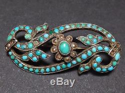 Very Beautiful Old Brooch In Sterling Silver Russian Beads And Turquoises