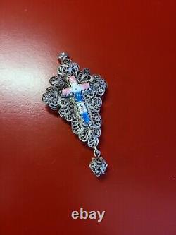 Very Beautiful Old Solid Silver Enamel Filigree Cross