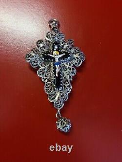 Very Beautiful Old Solid Silver Enamel Filigree Cross