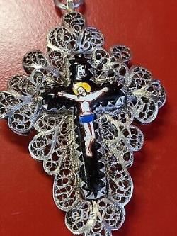 Very Beautiful Old Solid Silver Enamel Filigree Cross