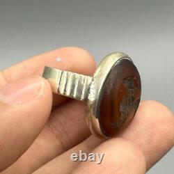 Very old antique ring in solid silver with agate cabochon stone
