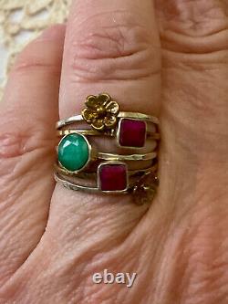 Vintage 5-in-1 Harem Ring in Solid Silver and Gold - Natural Ruby and Emerald Flower