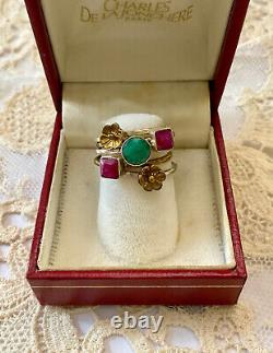Vintage 5-in-1 Harem Ring in Solid Silver and Gold - Natural Ruby and Emerald Flower