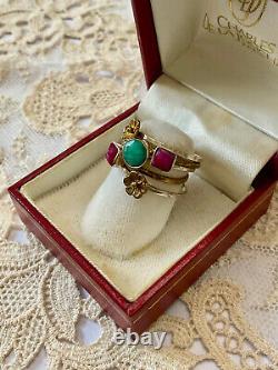 Vintage 5-in-1 Harem Ring in Solid Silver and Gold - Natural Ruby and Emerald Flower