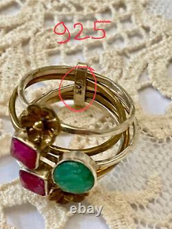 Vintage 5-in-1 Harem Ring in Solid Silver and Gold - Natural Ruby and Emerald Flower