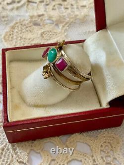 Vintage 5-in-1 Harem Ring in Solid Silver and Gold - Natural Ruby and Emerald Flower
