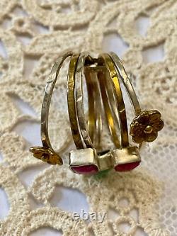 Vintage 5-in-1 Harem Ring in Solid Silver and Gold - Natural Ruby and Emerald Flower