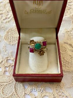 Vintage 5-in-1 Harem Ring in Solid Silver and Gold - Natural Ruby and Emerald Flower