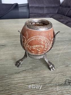 Vintage Argentine Silver Mate Tea Cup with Carved Nut, 92g