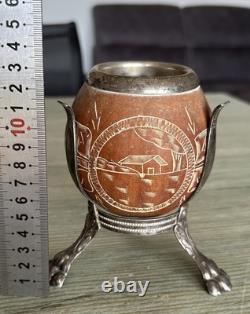 Vintage Argentine Silver Mate Tea Cup with Carved Nut, 92g
