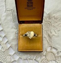 Vintage Art Deco Heart Ring in Solid Silver Vermeil with Chased Engravings