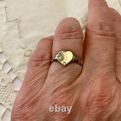 Vintage Art Deco Heart Ring in Solid Silver Vermeil with Chased Engravings