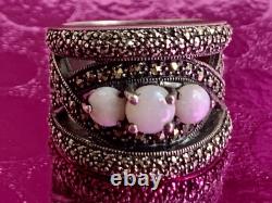 Vintage Art Deco Solid Silver Ring with Opals & Marcasites size 56 (1.8 mm)