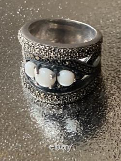 Vintage Art Deco Solid Silver Ring with Opals & Marcasites size 56 (1.8 mm)