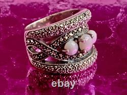 Vintage Art Deco Solid Silver Ring with Opals & Marcasites size 56 (1.8 mm)
