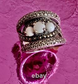 Vintage Art Deco Solid Silver Ring with Opals & Marcasites size 56 (1.8 mm)