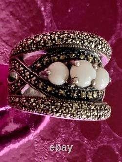 Vintage Art Deco Solid Silver Ring with Opals & Marcasites size 56 (1.8 mm)