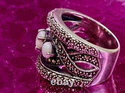 Vintage Art Deco Solid Silver Ring with Opals & Marcasites size 56 (1.8 mm)